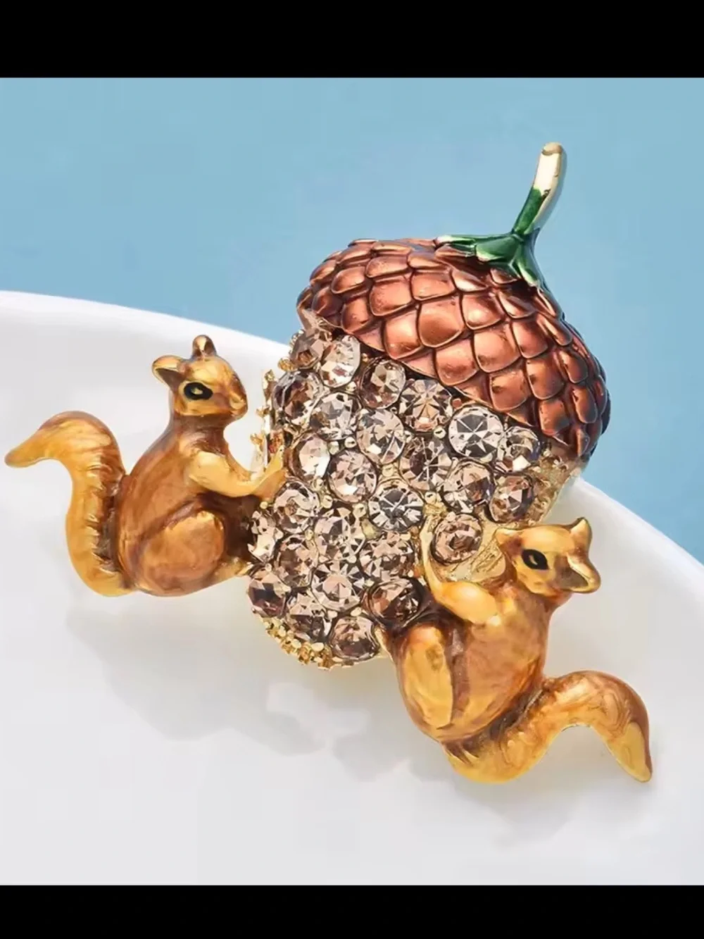 Cute Squirrel Whimsical Acorn Crystal Brooch